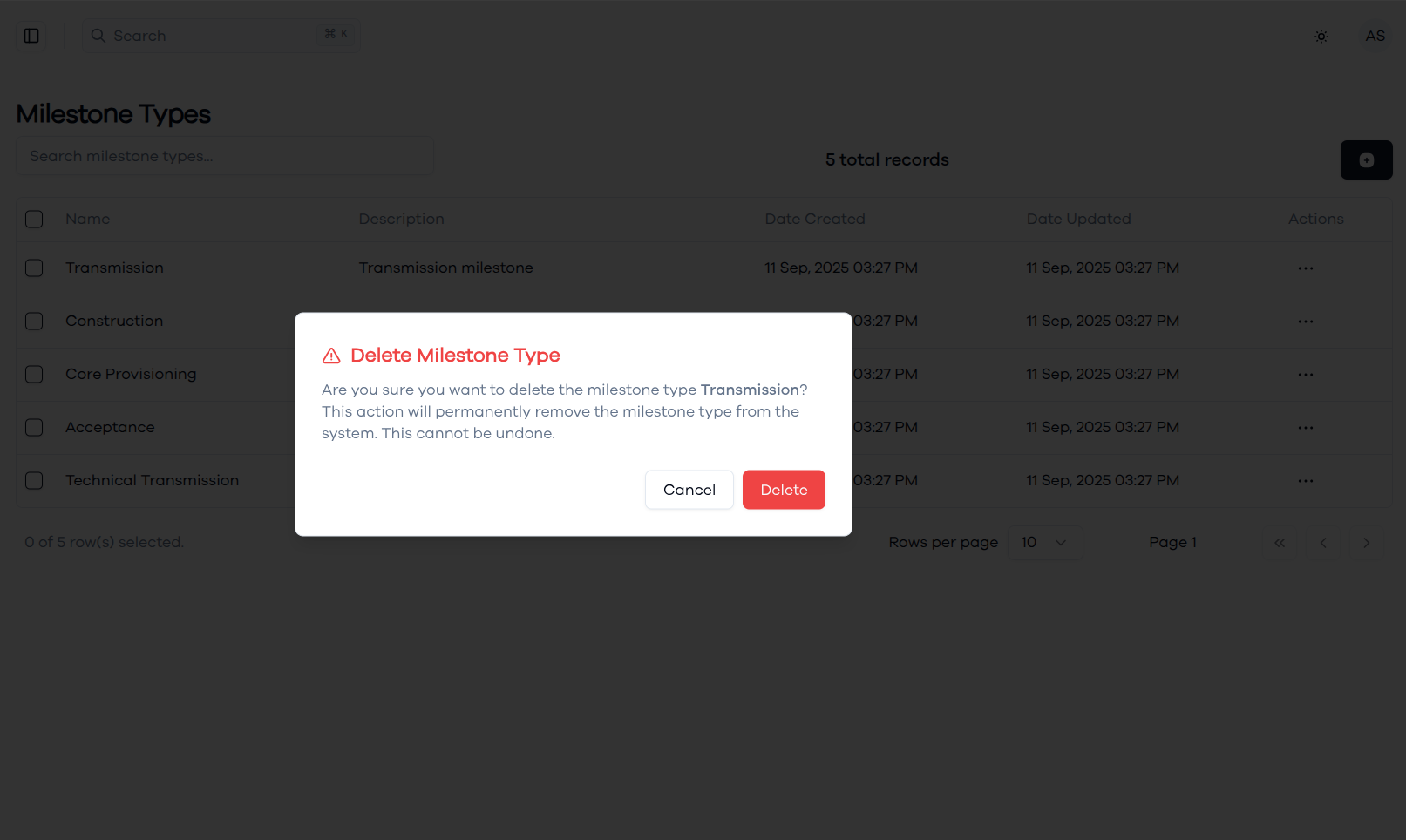 Deleting a Milestone Type